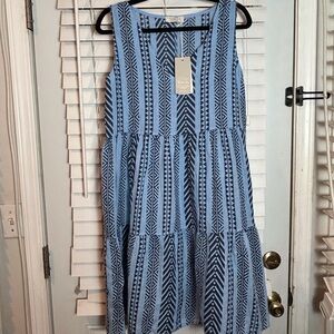Bellaumbra Med Pure Linen Blue Geometric Stripes Midi Tiered Aztec Boho Western